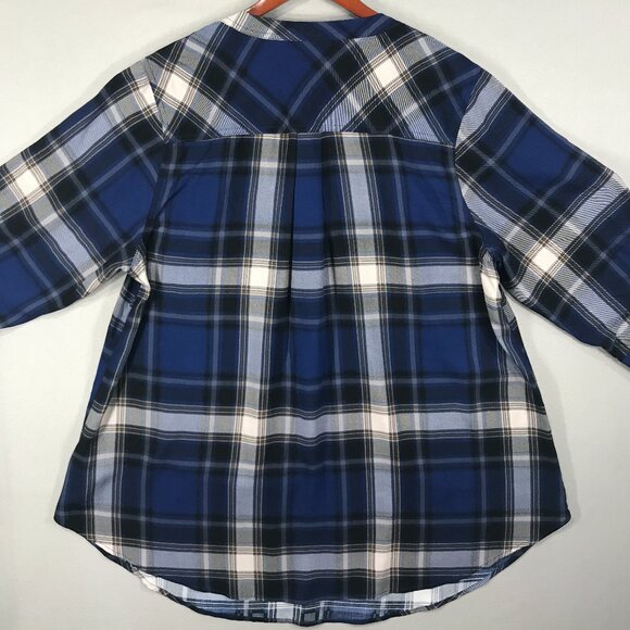 Torrid Harper Blouse Women's 2 Blue Plaid Pullover Tunic Top 3/4 Sleeve Roll Tab - Picture 11 of 15